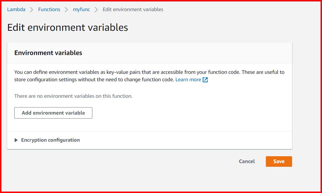 Picture showing the Environment variable section in edit mode